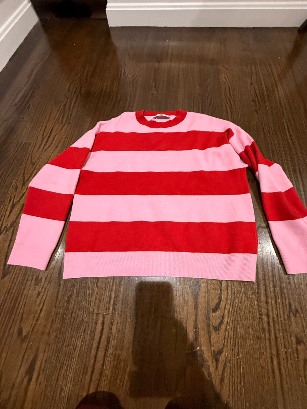 Mango Red and Pink Striped Crewneck Sweater